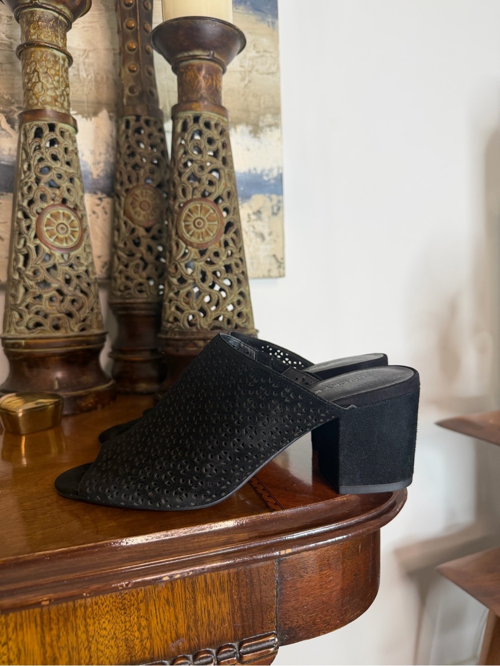 Lucky Brand Black Perforated Suede Block Heel Mules